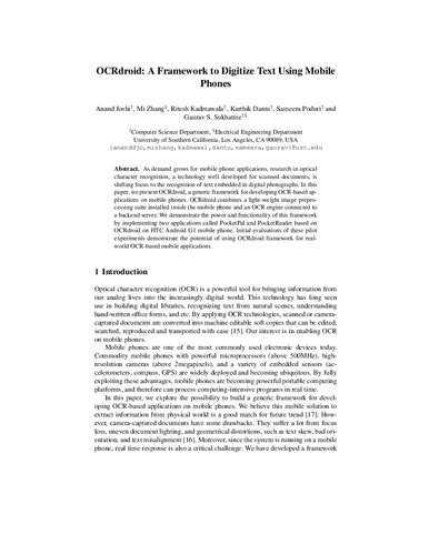 OCRdroid: A Framework to Digitize Text Using Mobile Phones