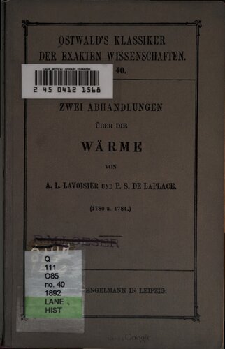 Zwei Abhandlungen über die Wärme (Aus den Jahren 1780 und 1784)
