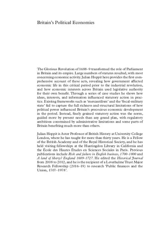 Britain's Political Economies: Parliament and Economic Life, 1660–1800 (Cambridge, 2017)