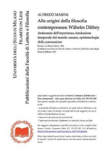 Alle origini della filosofia contemporanea: Wilhelm Dilthey. Antinomie dell'esperienza, fondazione temporale del mondo umano, epistemologia della connessione