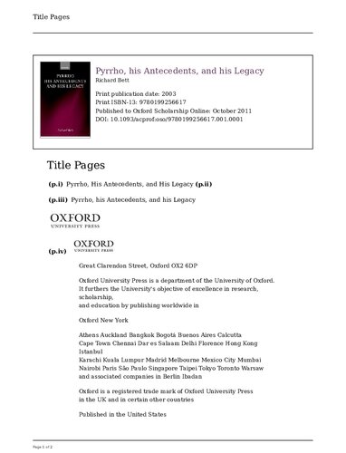 Pyrrho, His Antecedents, and His Legacy