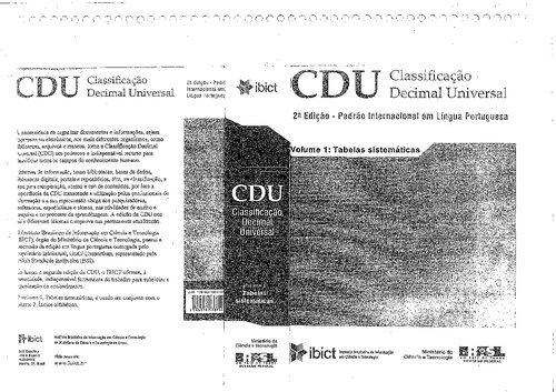 CDU Classificação Decimal Universal (2º Edição - Padrão Internacional em Língua Portuguesa) Volume1: Tabelas sistemáticas