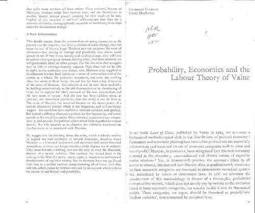 Probability, Economics and the Labour Theory of Value (--Emmanuel  Farjoun & Moshe Machover's article from NEW LEFT REVIEW-)