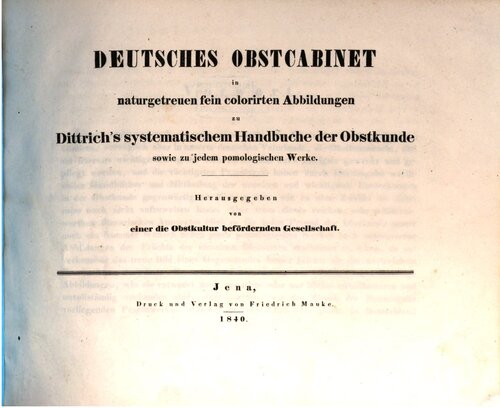 Deutsches Obstcabinet in naturgetreuen fein kolorierten Abbildungen zu Dittrichs systematischem Handbuche der Obstkunde sowie zu jedem pomologischen Werk