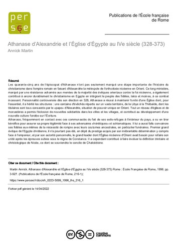 Athanase d’Alexandrie et l’Église d’Égypte au IVe siècle (328-373)