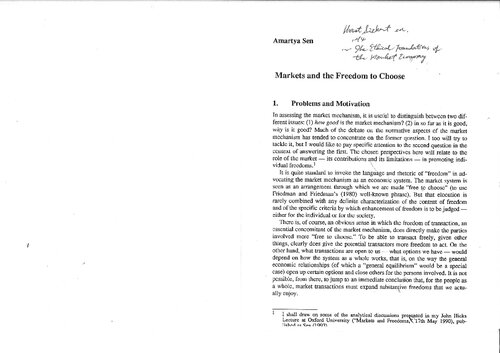Markets and the Freedom to Choose (Nobel laureate Amartya Sen's article from The Ethical Foundations of the Market Economy)