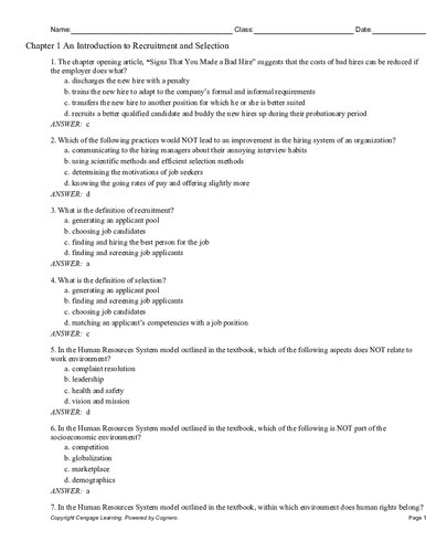 Test Bank - Recruitment and Selection In Canada - 7th Edition