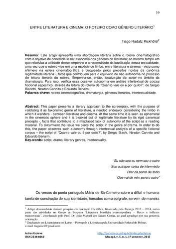 ENTRE LITERATURA E CINEMA: O ROTEIRO COMO GÊNERO LITERÁRIO