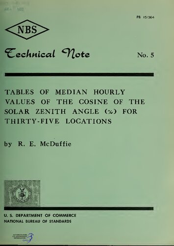 Tables of median hourly values of the cosine of the solar zenith angle (x) for thirty-five locations