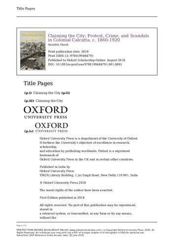Claiming the City: Protest, Crime, and Scandals in Colonial Calcutta, c. 1860-1920