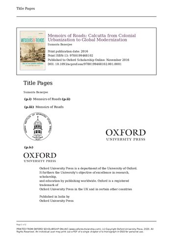 Memoirs of Roads: Calcutta from Colonial Urbanization to Global Modernization