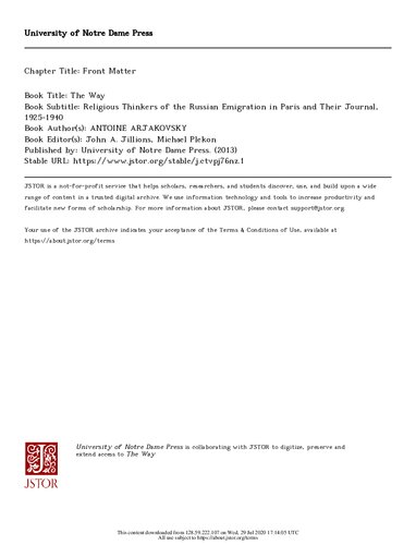 The Way: Religious Thinkers of the Russian Emigration in Paris and Their Journal, 1925-1940