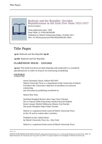 Radicals and the Republic: Socialist Republicanism in the Irish Free State, 1925-1937