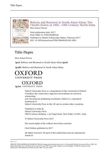 Reform And Renewal In South Asian Islam: The Chishtī-Sābrīs in 18th―19th Century North India