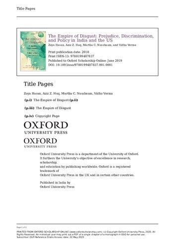 The Empire Of Disgust C: Prejudice, Discrimination, and Policy in India and the US