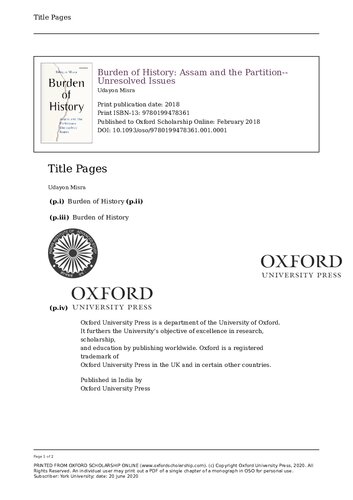Burden Of History C: Assam and the Partition―Unresolved Issues