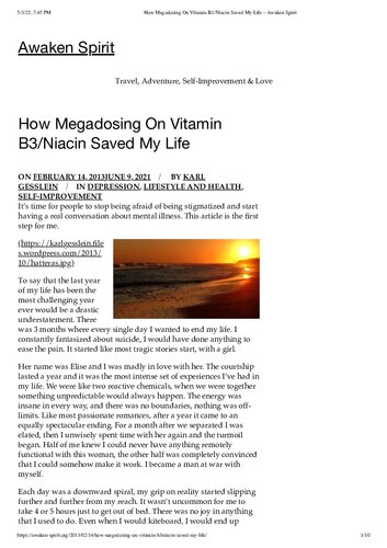 Niacin (Vitamin B3) and Depression: How Megadosing On Vitamin B3 ( Niacin ) Saved My Life