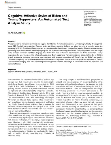Cognitive-Affective Styles of Biden and Trump Supporters: An Automated Text Analysis Study