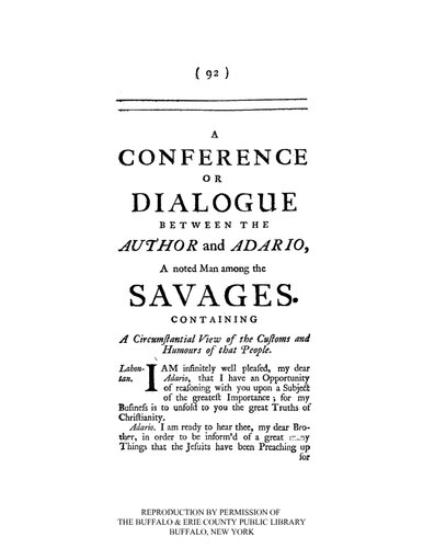 A Conference or Dialogue Between the Author and Adario, a Noted Man Among the Savages