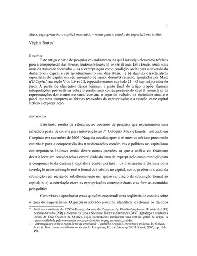 Marx, expropriações e capital monetário - notas para o estudo do imperialismo tardio