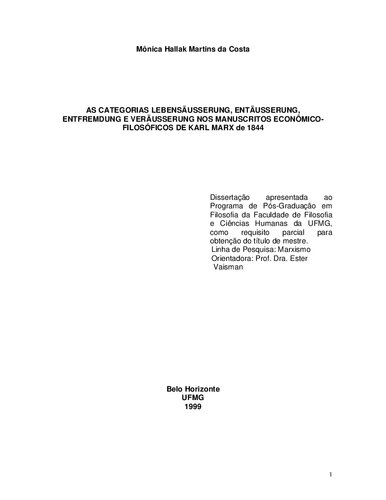 As Categorias Lebensausserung, Entausserung, Entfremdung e Veraüsserung nos Manuscritos econômico-filosóficos de 1844