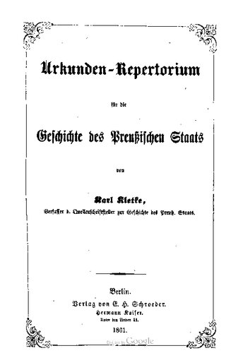Urkunden-Repertorium für die Geschichte des Preußischen Staates