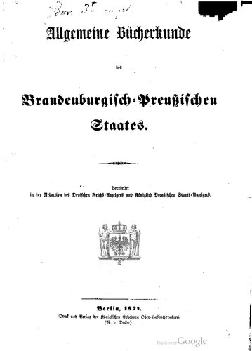 Allgemeine Bücherkunde des Brandenburgisch-Preußischen Staates