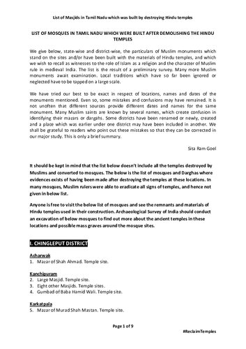 List of Hindu Temples Destroyed and Converted to Mosques in Tamil Nadu by Muslims