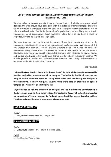 List of Hindu Temples Destroyed and Converted to Mosques in Andhra Pradesh by Muslims