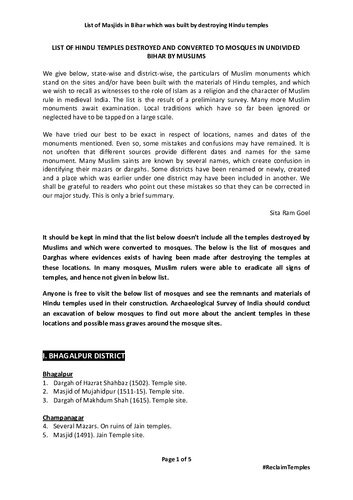 List of Hindu Temples Destroyed and Converted to Mosques in Undivided Bihar by Muslims