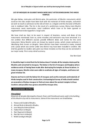 List of Hindu Temples Destroyed and Converted to Mosques in Gujarat by Muslims