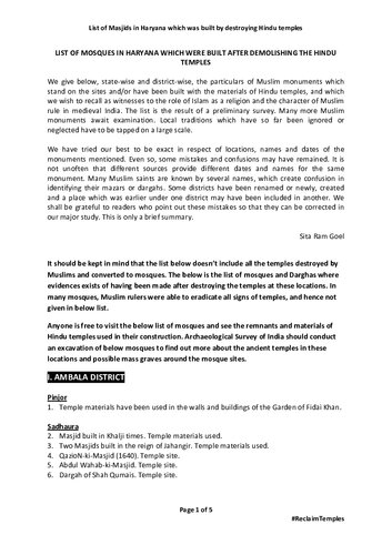 List of Hindu Temples Destroyed and Converted to Mosques in Haryana by Muslims