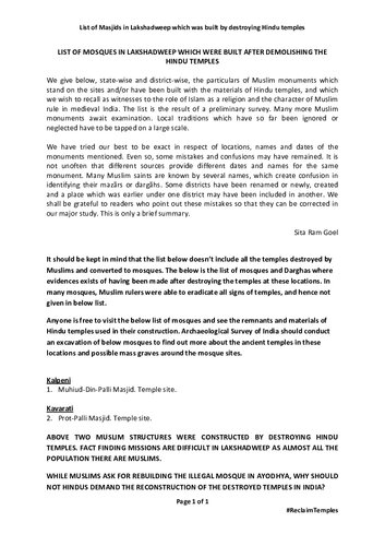 List of Hindu Temples Destroyed and Converted to Mosques in Lakshadweep by Muslims