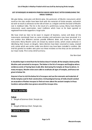 List of Hindu Temples Destroyed and Converted to Mosques in Madhya Pradesh by Muslims