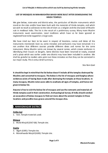 List of Hindu Temples Destroyed and Converted to Mosques in Maharashtra by Muslims