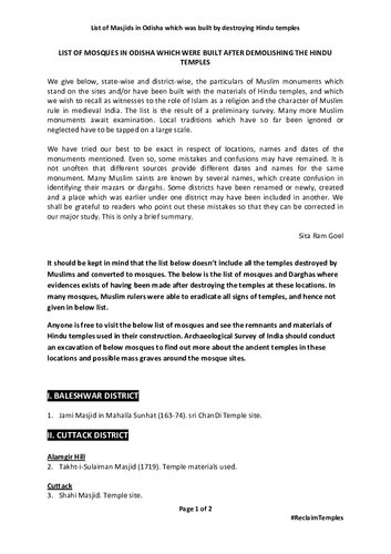 List of Hindu Temples Destroyed and Converted to Mosques in Odisha by Muslims