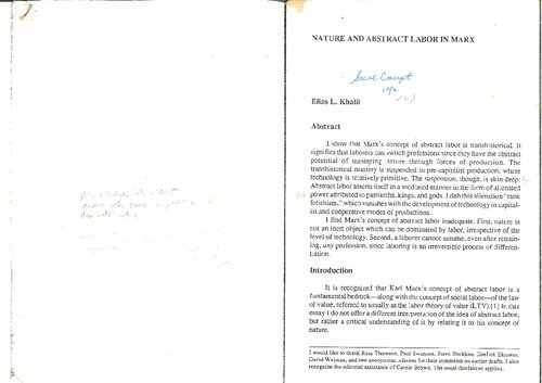 Nature and Abstract Labor in Marx (Professor Khalil's article in Social Concept 6/2)