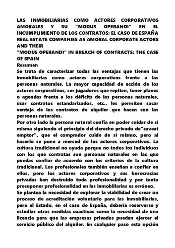 LAS INMOBILIARIAS COMO ACTORES CORPORATIVOS AMORALES Y SU “MODUS OPERANDI” EN EL INCUMPLIMIENTO DE LOS CONTRATOS: EL CASO DE ESPAÑA