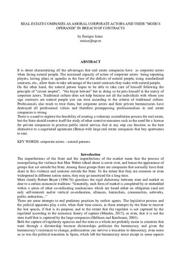 REAL ESTATE COMPANIES AS AMORAL CORPORATE ACTORS AND THEIR "MODUS OPERANDI" IN BREACH OF CONTRACTS