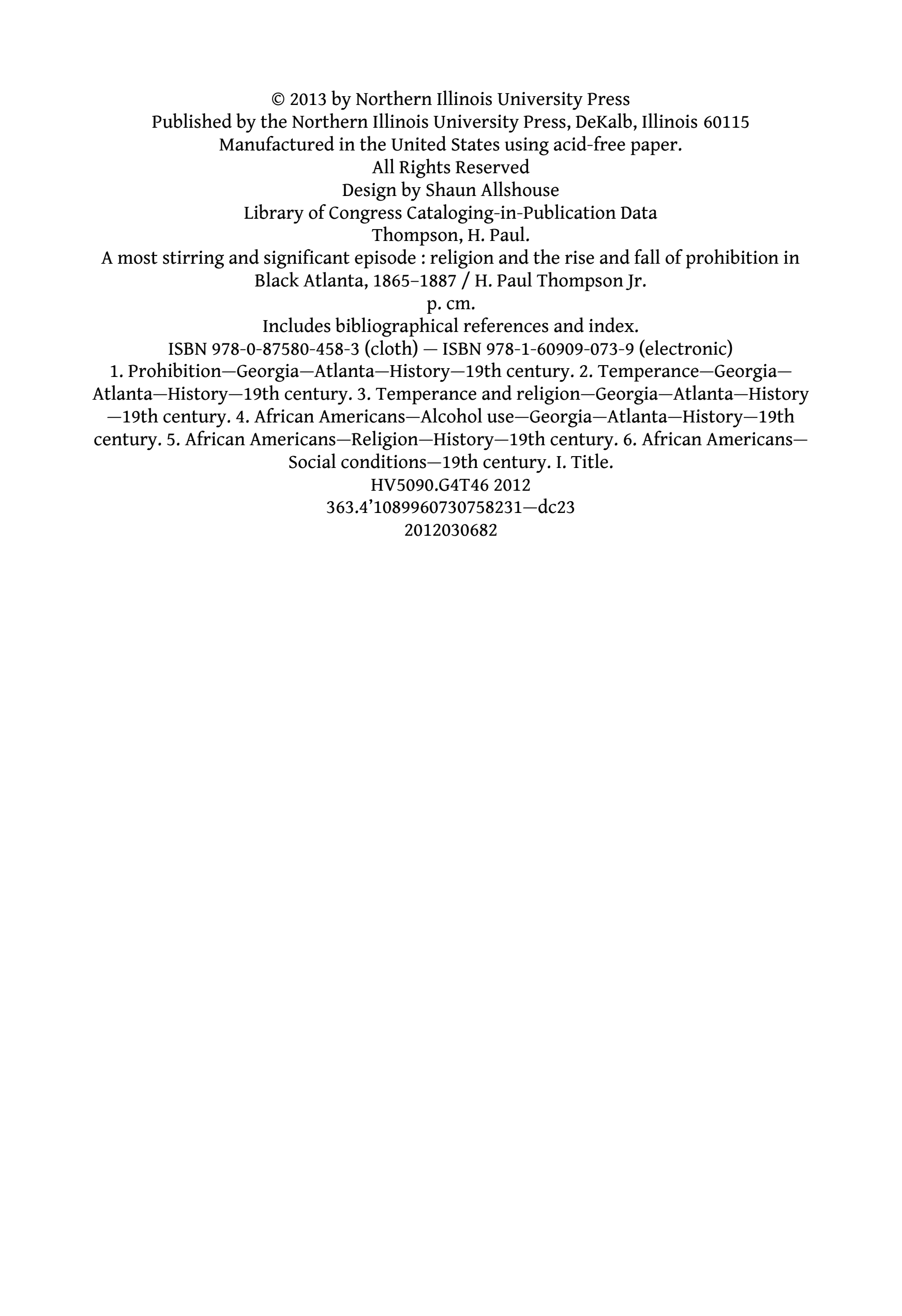 A Most Stirring and Significant Episode: Religion and the Rise and Fall of Prohibition in Black Atlanta, 1865–1887