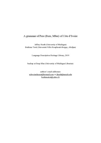 A grammar of Pere (Bere, Mbre) of Côte d’Ivoire
