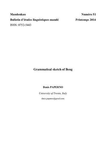 Grammatical sketch of Beng