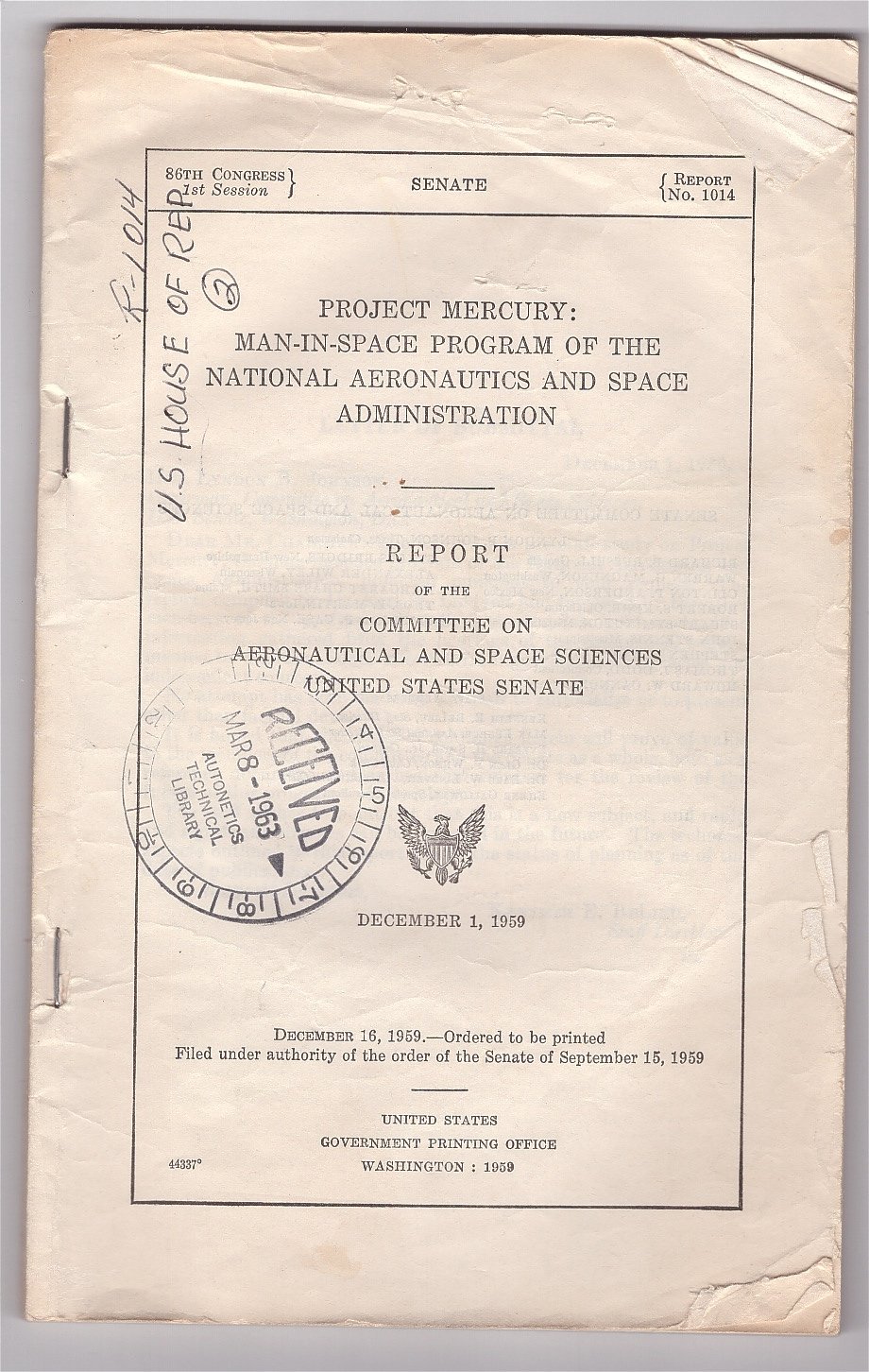 Project Mercury: Man-in-space Program of the National Aeronautics and Space Administration