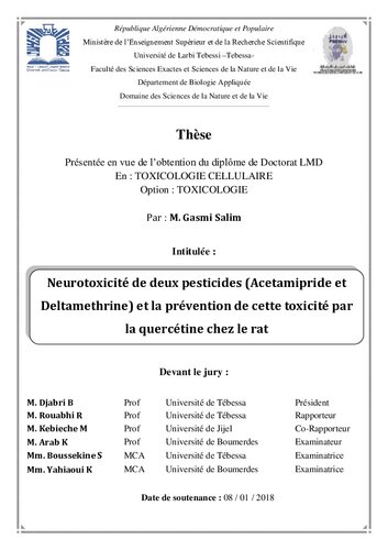 Neurotoxicité de deux pesticides (Acetamipride et Deltamethrine) et la prévention de cette toxicité par la quercétine chez le rat