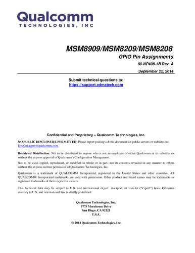 MSM8909/MSM8209/MSM8208 GPIO Pin Assignments