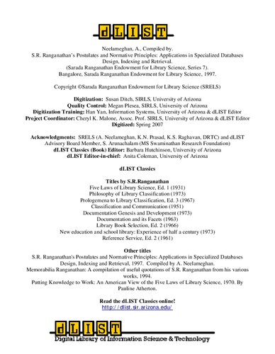 S. R. Ranganathan's Postulates and Normative Principles: Applications in specialized databases design, Indexing and Retrieval
