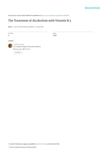 Orthomolecular Medicine: Cure for Alcoholism or Drug Addiction: Vitamin B3 (Niacinamide or Niacin)