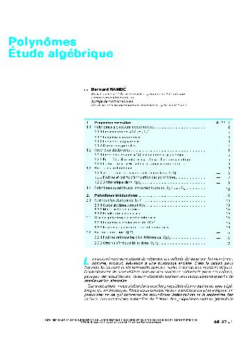Polynomes, etude algebrique
