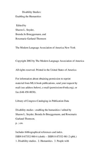 Disability Studies: Enabling the Humanities