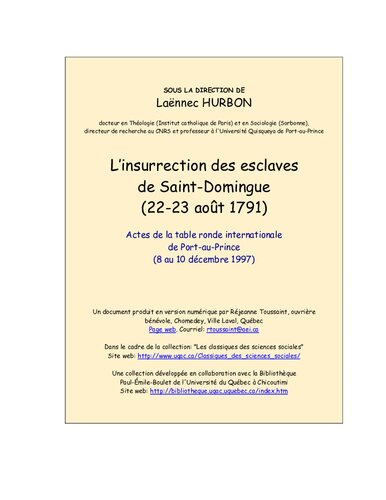 L'insurrection des esclaves de Saint-Domingue (22-23 août 1791). Actes de la table ronde internationale de Port-au-Prince (8 au 10 décembre 1997)